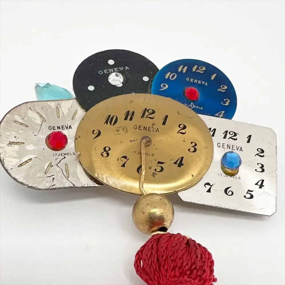 🔥 Vintage Multicolor Clocks With Red Hanging Tassel Brooch Pin